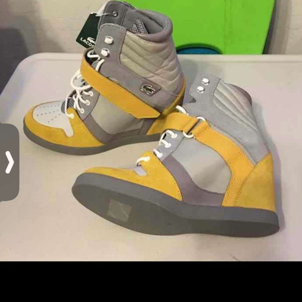 Lacoste Gray and Yellow High-Top Wedge Sneakers